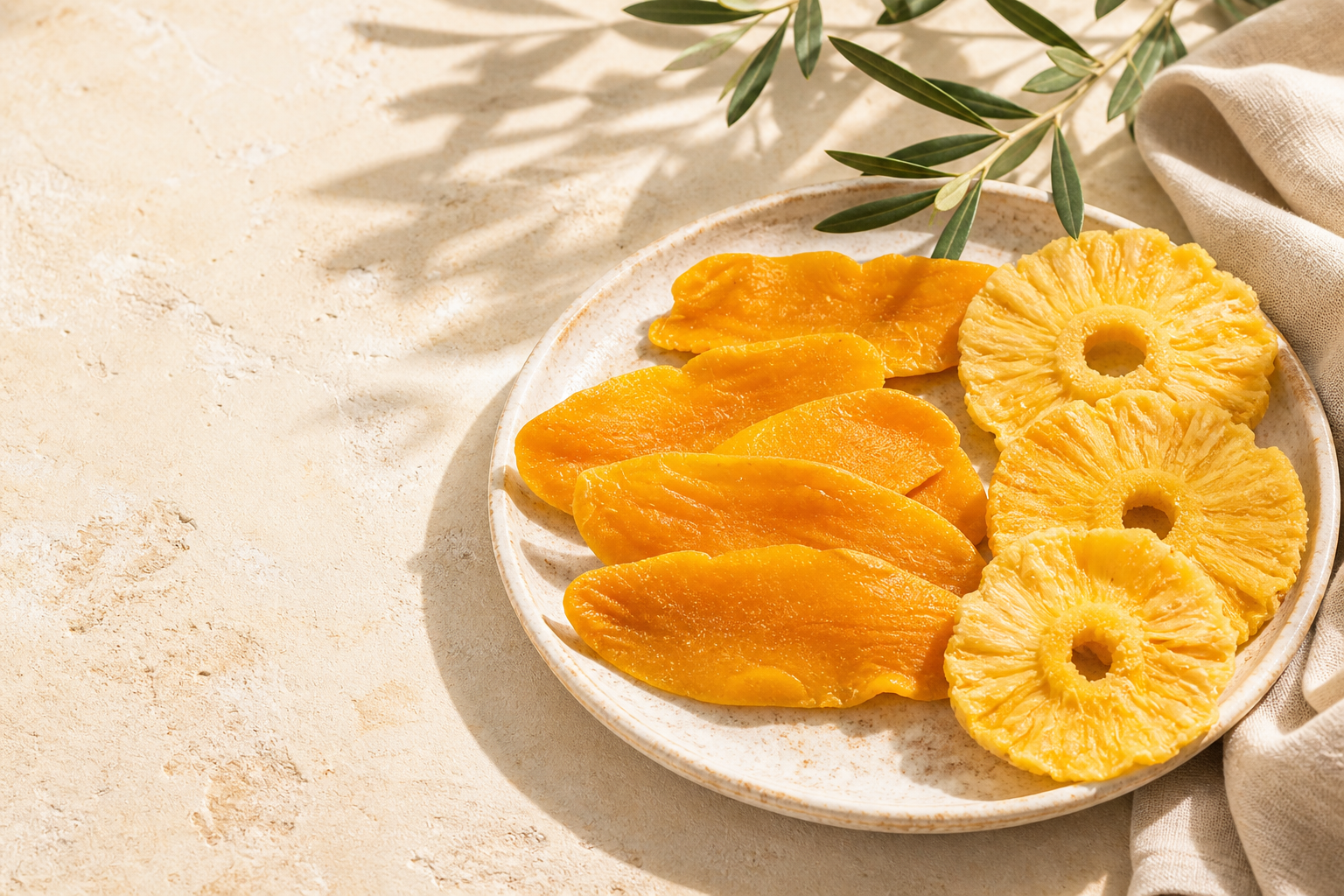 SUNRIVA Natural Series no-added-sugar dried mango strips and whole pineapple rings in bright summer light