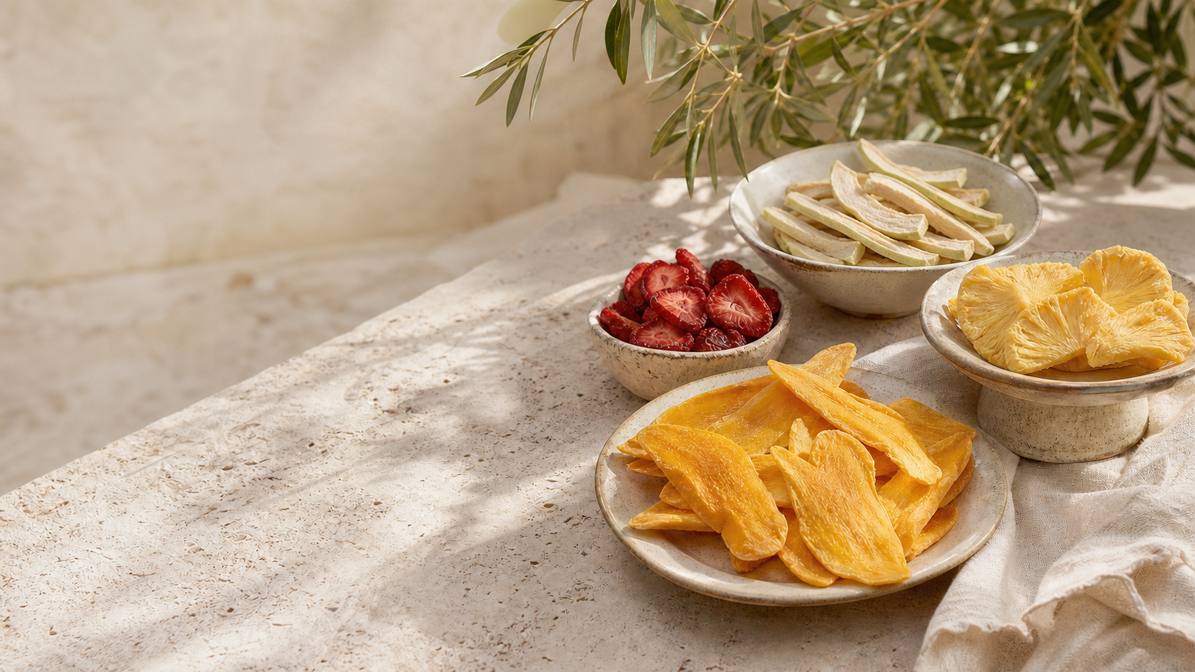 SUNRIVA dried white guava strips, mango, pineapple and strawberry on a sunlit Mediterranean table